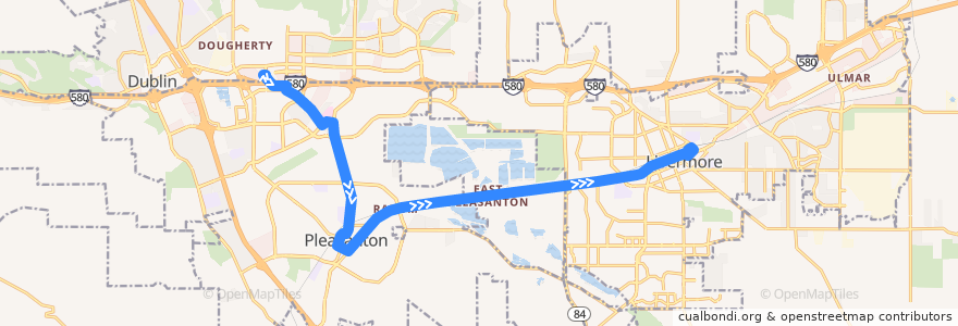 Mapa del recorrido Wheels 10R: East Dublin/Pleasanton BART => Livermore Transit Center de la línea  en 앨러미다 군.