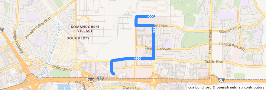 Mapa del recorrido Wheels 1: Santa Rita Jail => East Dublin/Pleasanton BART de la línea  en Dublin.