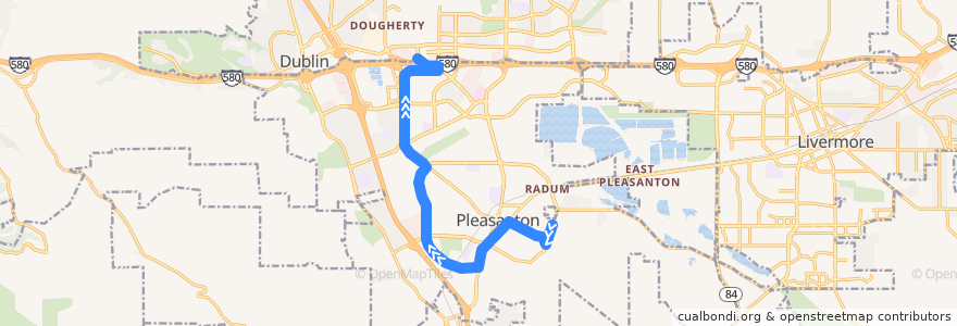 Mapa del recorrido Wheels 8: Bernal & Palomino => East Dublin/Pleasanton BART de la línea  en Pleasanton.