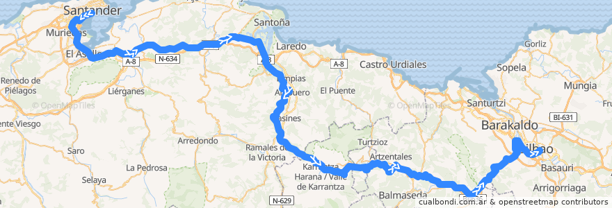 Mapa del recorrido R3 Santander -> Bilbao de la línea  en España.