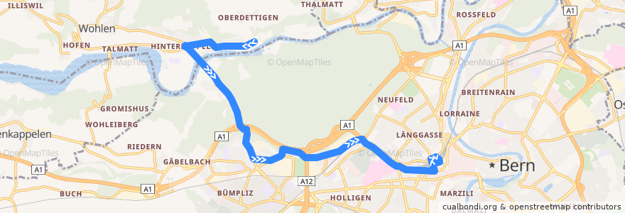 Mapa del recorrido Bus 101: Hinterkappelen Schlossmatt -> Bern Hauptbahnhof de la línea  en Verwaltungskreis Bern-Mittelland.