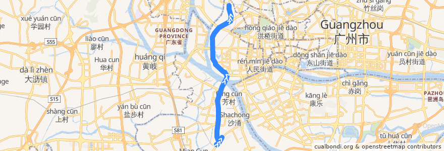 Mapa del recorrido 71路[芳村西塱总站-西湾路(唐宁花园)总站] de la línea  en Distretto di Liwan.