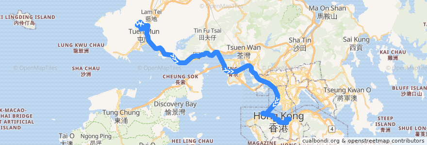 Mapa del recorrido 過海隧巴960線 Cross-harbour Bus 960 (建生 Kin Sang → 灣仔北 Wan Chai North) de la línea  en 香港.