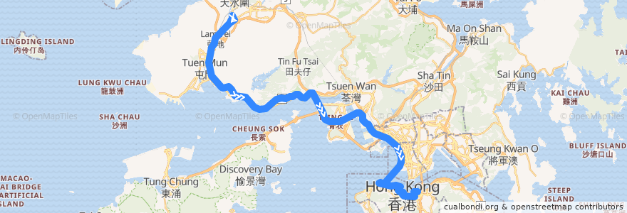 Mapa del recorrido 過海隧巴960P線 Cross-harbour Bus 960 (洪水橋（洪元路） Hung Shui Kiu (Hung Yuen Road) → 灣仔北 Wan Chai North) de la línea  en 香港 Hong Kong.