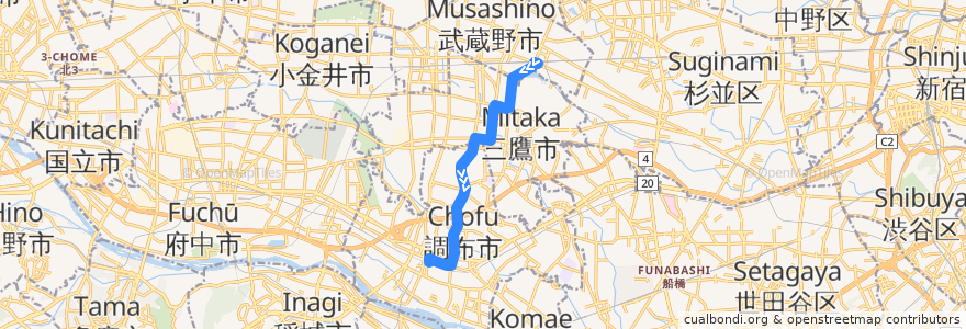 Mapa del recorrido Bus 吉14 吉祥寺->調布駅北口 de la línea  en Tokyo.