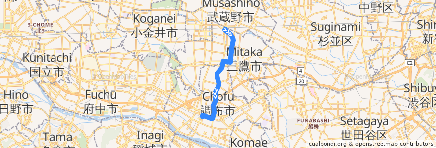 Mapa del recorrido Bus 鷹66 三鷹駅->調布駅北口 de la línea  en 東京都.