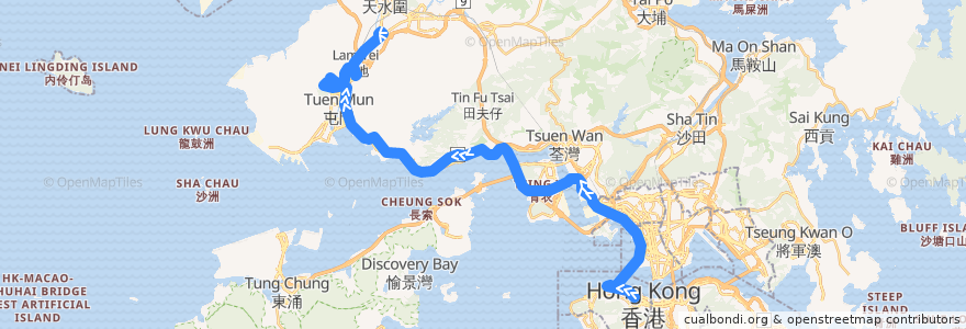 Mapa del recorrido 過海隧巴960A線 Cross-harbour Bus 960 (中環 Central → 洪水橋（洪福邨） Hung Shui Kiu (Hung Fuk Estate)) de la línea  en Hong Kong.