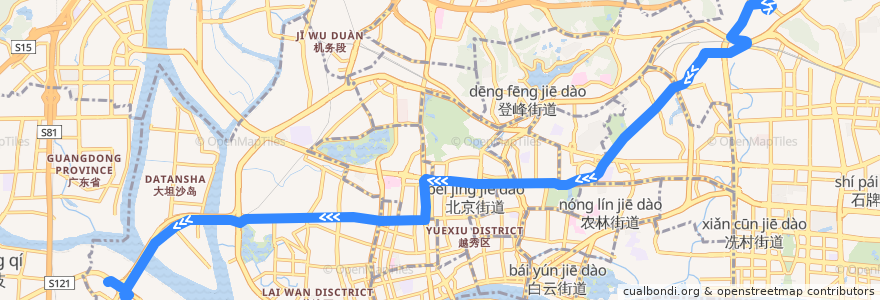 Mapa del recorrido 85路[芳村大道西(滘口客运站)总站-天平架总站] de la línea  en 広州市.