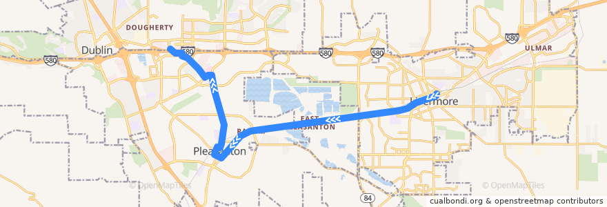 Mapa del recorrido Wheels 10R: Livermore Transit Center => East Dublin/Pleasanton BART de la línea  en アラメダ郡.