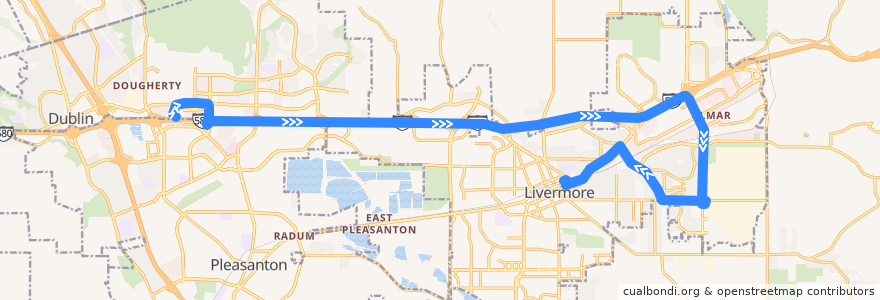 Mapa del recorrido Wheels 20X: East Dublin/Pleasanton BART => Livermore Transit Center (mornings) de la línea  en Alameda County.