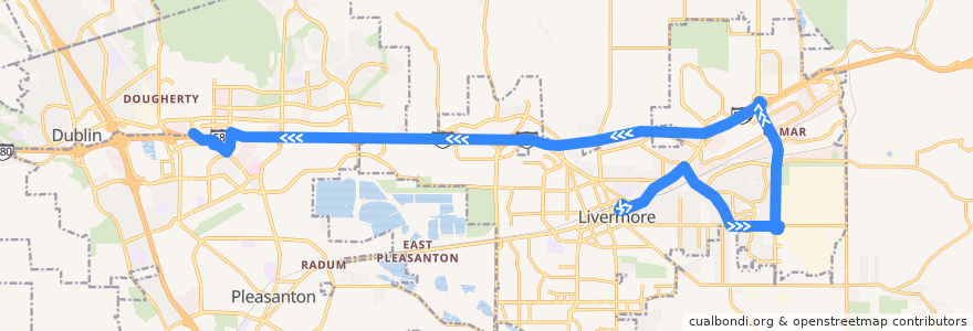 Mapa del recorrido Wheels 20X: Livermore Transit Center => East Dublin/Pleasanton BART (evenings) de la línea  en شهرستان آلامدا، کالیفرنیا.
