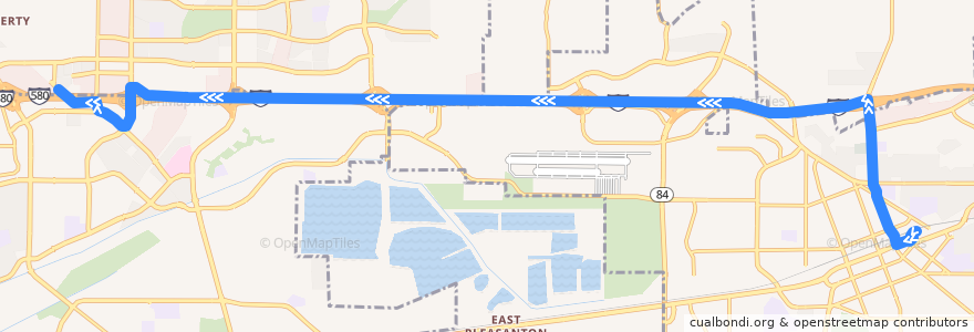 Mapa del recorrido Wheels 580X: Livermore Transit Center => East Dublin/Pleasanton BART de la línea  en Alameda County.