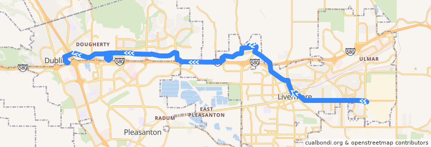 Mapa del recorrido Wheels 30R: East & Vasco LLNL => West Dublin/Pleasanton BART de la línea  en Alameda County.