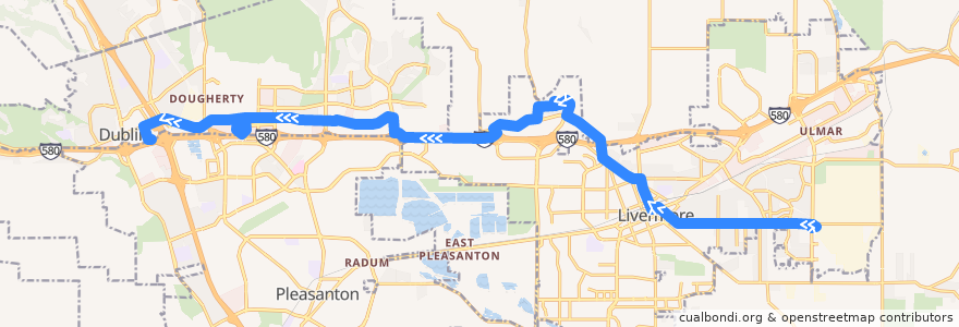 Mapa del recorrido Wheels 30R: East & Vasco LLNL => West Dublin/Pleasanton BART de la línea  en Condado de Alameda.