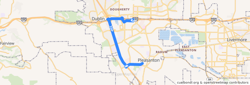 Mapa del recorrido Wheels 54: East Dublin/Pleasanton BART => Pleasanton ACE Station (mornings) de la línea  en 阿拉梅达县/阿拉米達縣/阿拉米達郡.