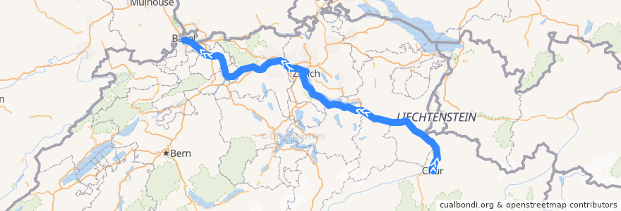 Mapa del recorrido IC 3: Chur - Basel de la línea  en Schweiz/Suisse/Svizzera/Svizra.