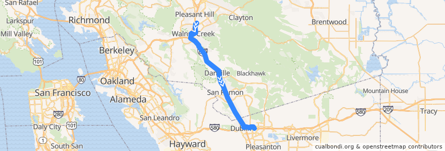 Mapa del recorrido Wheels 70X: Pleasant Hill BART => Walnut Creek BART => East Dublin/Pleasanton BART (mornings) de la línea  en Contra Costa County.