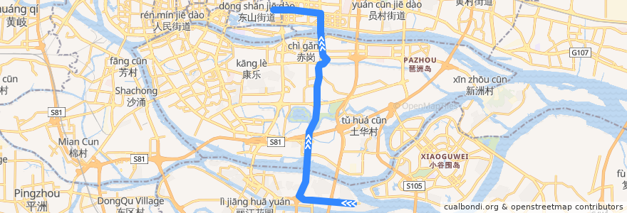 Mapa del recorrido 90路(沙溪大道东总站-五羊新城总站) de la línea  en 광저우시.