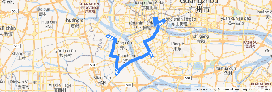 Mapa del recorrido 91路(南方茶叶市场总站-珠光路总站) de la línea  en 광저우시.