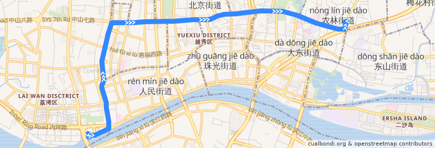 Mapa del recorrido 102路(文化公园总站-东山总站) de la línea  en Yuexiu District.