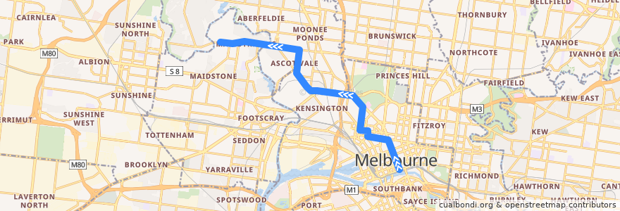 Mapa del recorrido Tram 57: Flinders Street railway station => West Maribyrnong de la línea  en Melbourne.