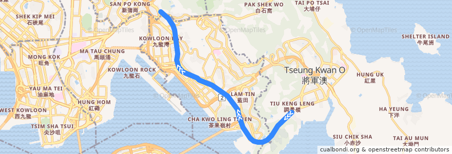 Mapa del recorrido 觀塘綫 Kwun Tong Line (調景嶺 Tiu Keng Leng → 彩虹 Choi Hung) de la línea  en 香港 Hong Kong.