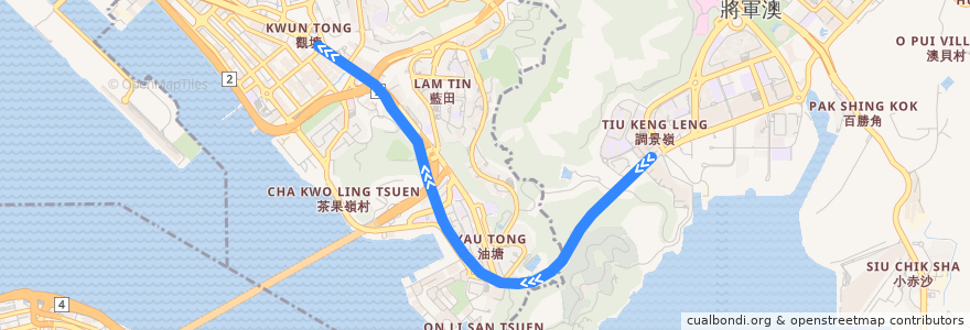 Mapa del recorrido 觀塘綫 Kwun Tong Line (調景嶺 Tiu Keng Leng → 觀塘 Kwun Tong) de la línea  en هونغ كونغ.