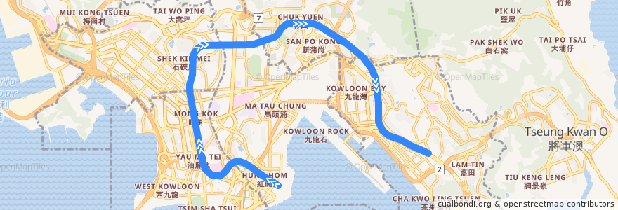 Mapa del recorrido 觀塘綫 Kwun Tong Line (黃埔 Whampoa → 觀塘 Kwun Tong) de la línea  en Kowloon.