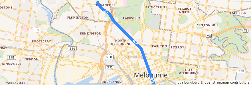 Mapa del recorrido Tram 59d: Flinders Street railway station => Essendon Depot de la línea  en City of Melbourne.