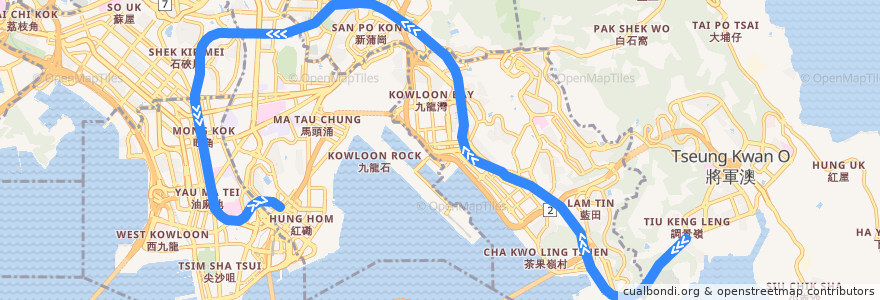 Mapa del recorrido 觀塘綫 Kwun Tong Line (調景嶺 Tiu Keng Leng → 何文田 Ho Man Tin) de la línea  en 九龍.