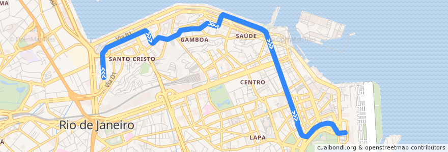 Mapa del recorrido VLT Carioca 1: Praia Formosa → Santos Dumont de la línea  en Río de Janeiro.