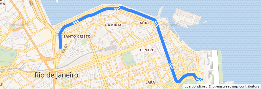 Mapa del recorrido VLT Carioca 1: Santos Dumont → Praia Formosa de la línea  en Região Geográfica Intermediária do Rio de Janeiro.