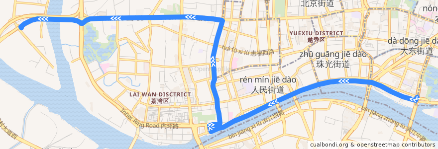 Mapa del recorrido 128路(珠岛花园总站-海印桥总站) de la línea  en Cantón.