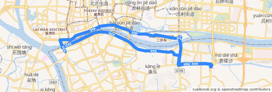 Mapa del recorrido 131B路(赤岗总站环线) de la línea  en 광저우시.