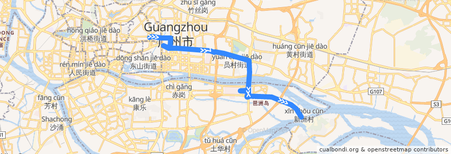 Mapa del recorrido 137路(动物园南门总站-新洲总站) de la línea  en Guangzhou.