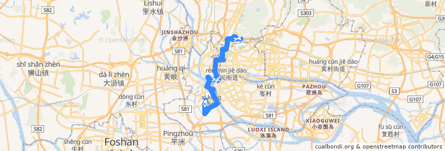 Mapa del recorrido 181路[芳村客运站总站-柯子岭(河田路)总站] de la línea  en گوانگ‌ژو.