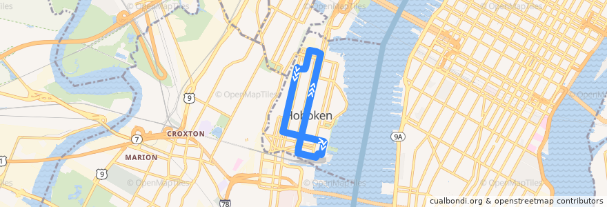Mapa del recorrido Green HOP de la línea  en Hoboken.
