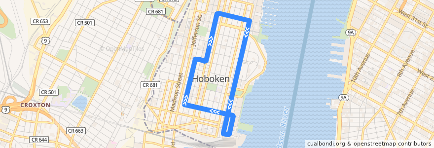 Mapa del recorrido Red HOP de la línea  en Hoboken.