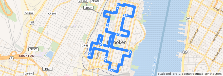Mapa del recorrido Senior Shuttle de la línea  en Hoboken.