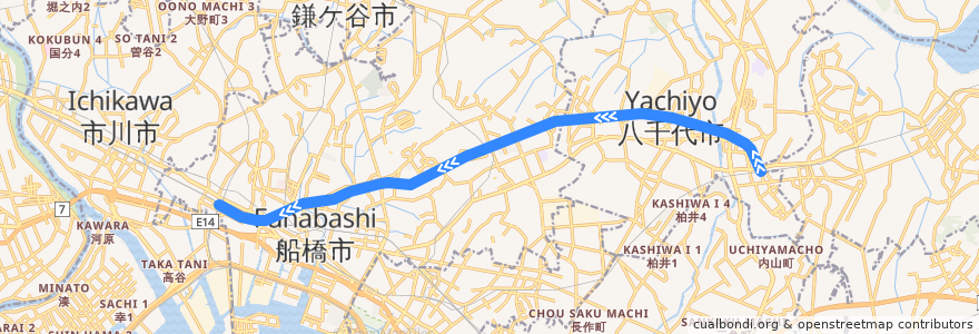 Mapa del recorrido 東葉高速線 de la línea  en Préfecture de Chiba.