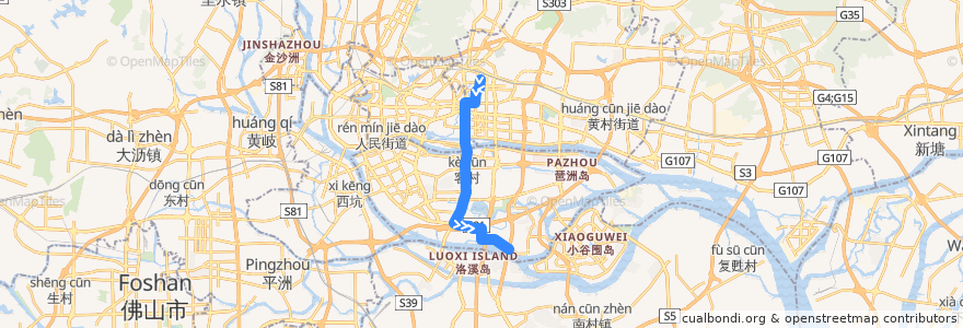 Mapa del recorrido 195路[广州火车东站总站-沥滘(珠江御景湾)总站] de la línea  en Canton.