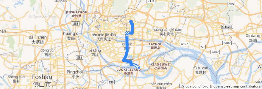 Mapa del recorrido 195路[沥滘(珠江御景湾)总站-广州火车东站总站] de la línea  en Cantón.