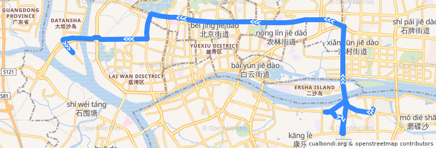 Mapa del recorrido 204路[珠江帝景苑总站-坦尾(柏悦湾)总站] de la línea  en Cantão.