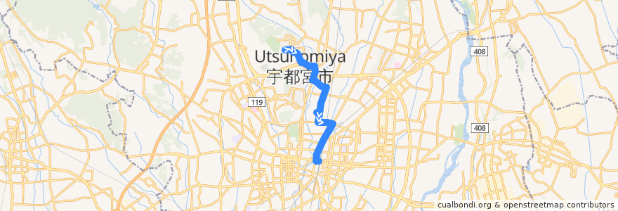 Mapa del recorrido 帝京大学⇒済生会病院⇒竹林⇒宇都宮駅 de la línea  en 宇都宮市.