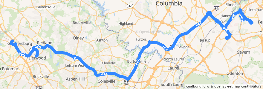 Mapa del recorrido Commuter Bus 201: Gaithersburg Park & Ride (weekday trips 16-19;24;33; weekend trips) de la línea  en Maryland.