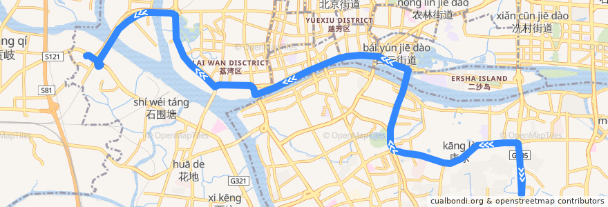 Mapa del recorrido 208路[芳村大道西(滘口客运站)总站-大塘西总站] de la línea  en Guangzhou.