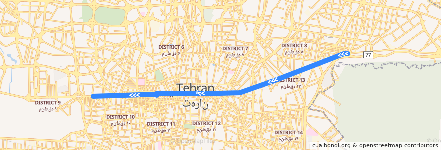 Mapa del recorrido خط ۱ تندرو (چهارراه تهران‌پارس <==> پایانهٔ آزادی) de la línea  en Tehran.