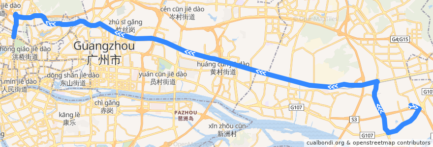 Mapa del recorrido 210路[南岗(国际玩具礼品城)总站-广州火车站(草暖公园)总站] de la línea  en غوانزو.