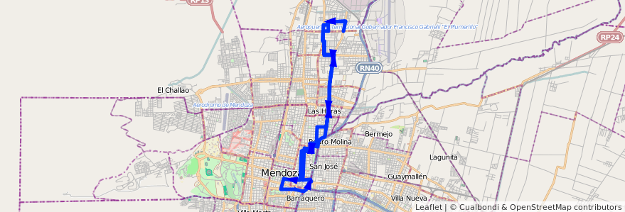 Mapa del recorrido 67 - Expreso Dorrego / Lisandro Moyano de la línea G06 en Mendoza.