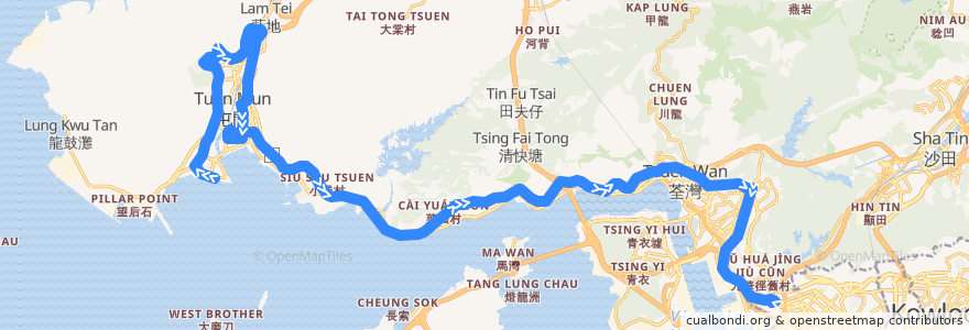 Mapa del recorrido 九巴N260線 KMB N260 (屯門碼頭 Tuen Mun Pier Head → 美孚 Mei Foo) de la línea  en 香港 Hong Kong.